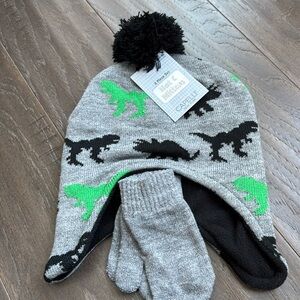 Capelli NY Dinosaur knit Pom Pom earflap hat fleece lined, w/mittens,winter warm